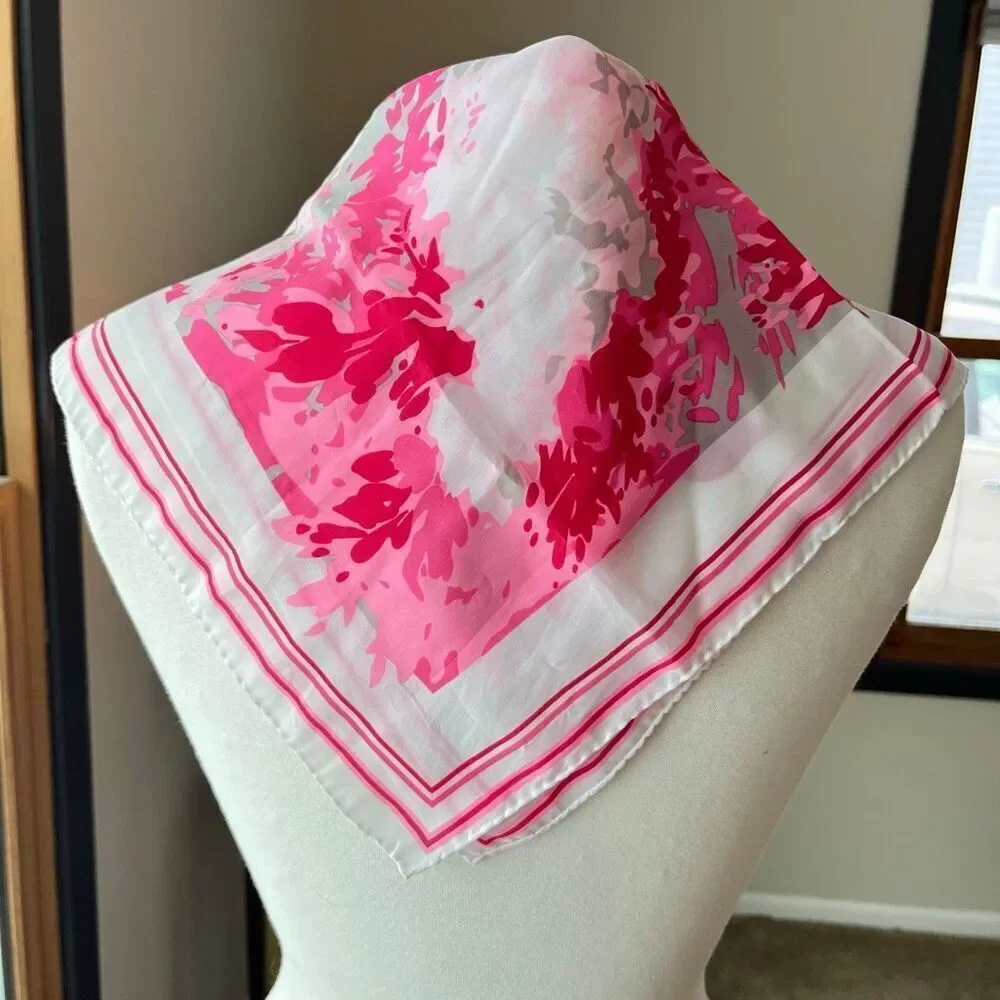 Pink White Floral Square Scarf 21x21 Hand Rolled Hem Valentine Chic